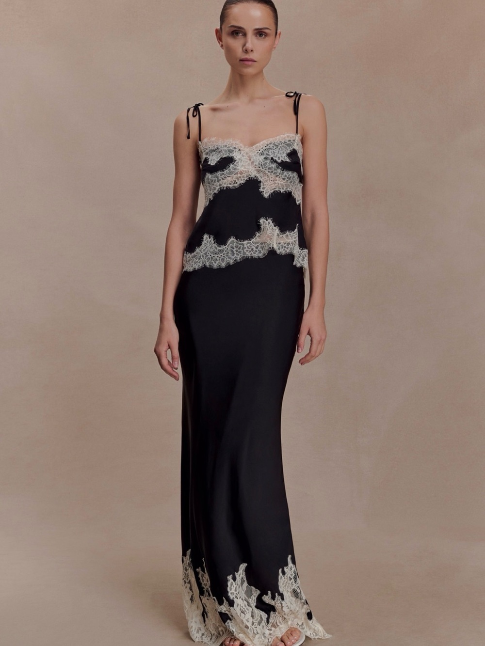 Meshki Black Satin Slip Dress with Ivory Lace Trim